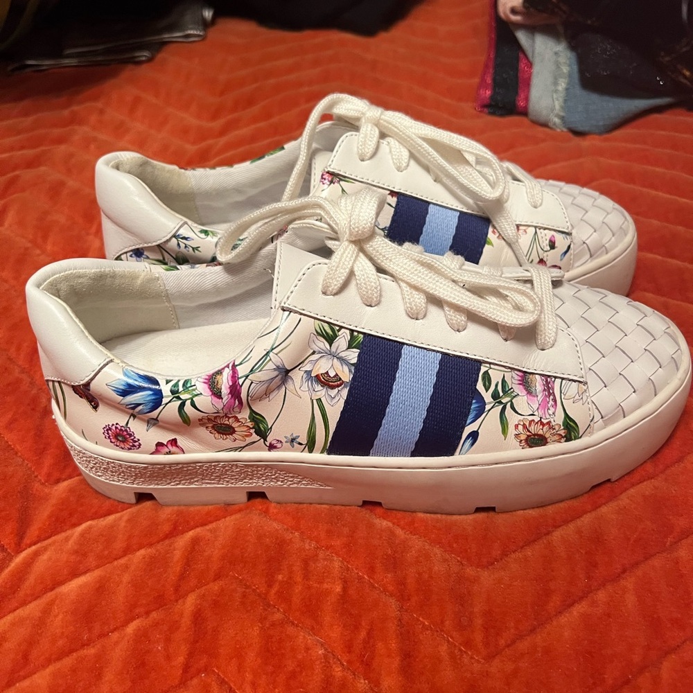 EUC Johnny Was white and blue stripe platform sneakers 8